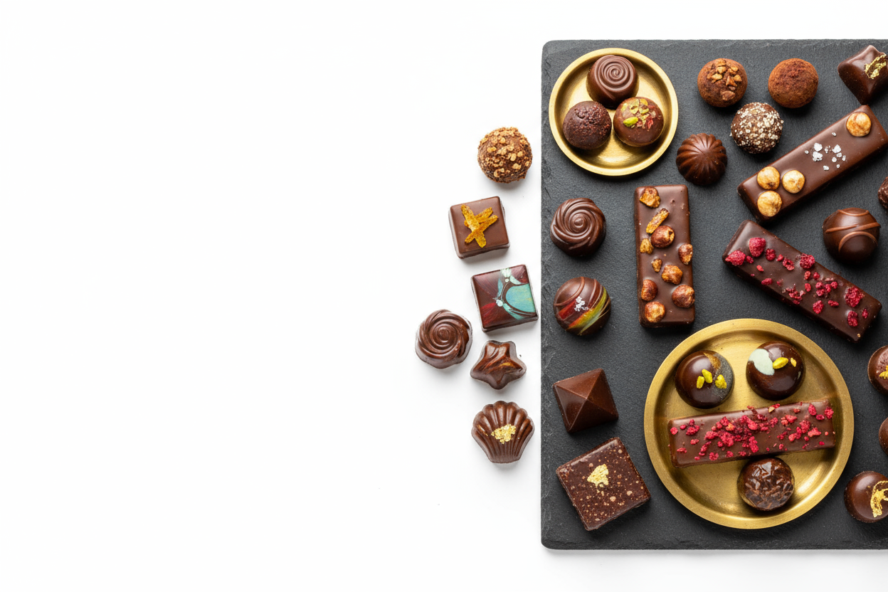 Image of a various gourmet chocolate products made in a artisanal patisserie chocolaterie. make the background white, place them all in one third in the right of the screen. make the image 750px x 1100px